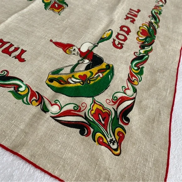 Vintage Norwegian Merry Christmas God Jul Linen Square Table Cloth - Picture 5 of 7